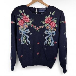 Vintage Herman Geist Embroidered Floral Wool Sweater Size L Pullover Navy Bows